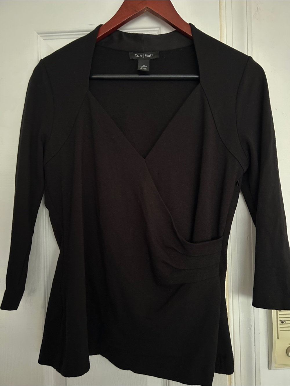 White House Black Market EUC Black Draped faux Wrap Blouse